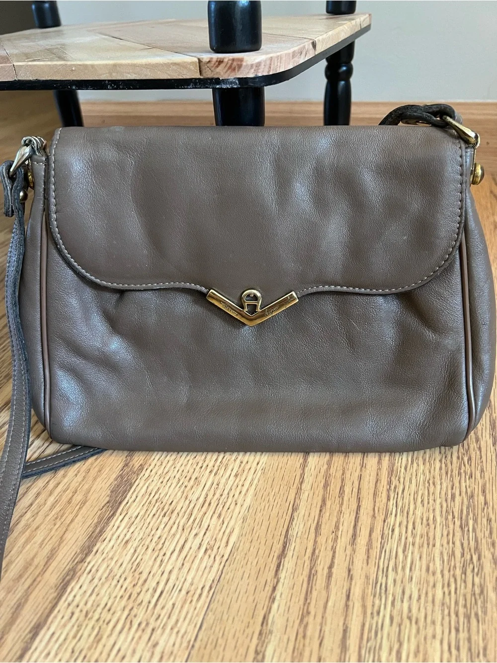 Vintage Etienne Aigner Taupe Brown Leather Crossbody with Gold Accent